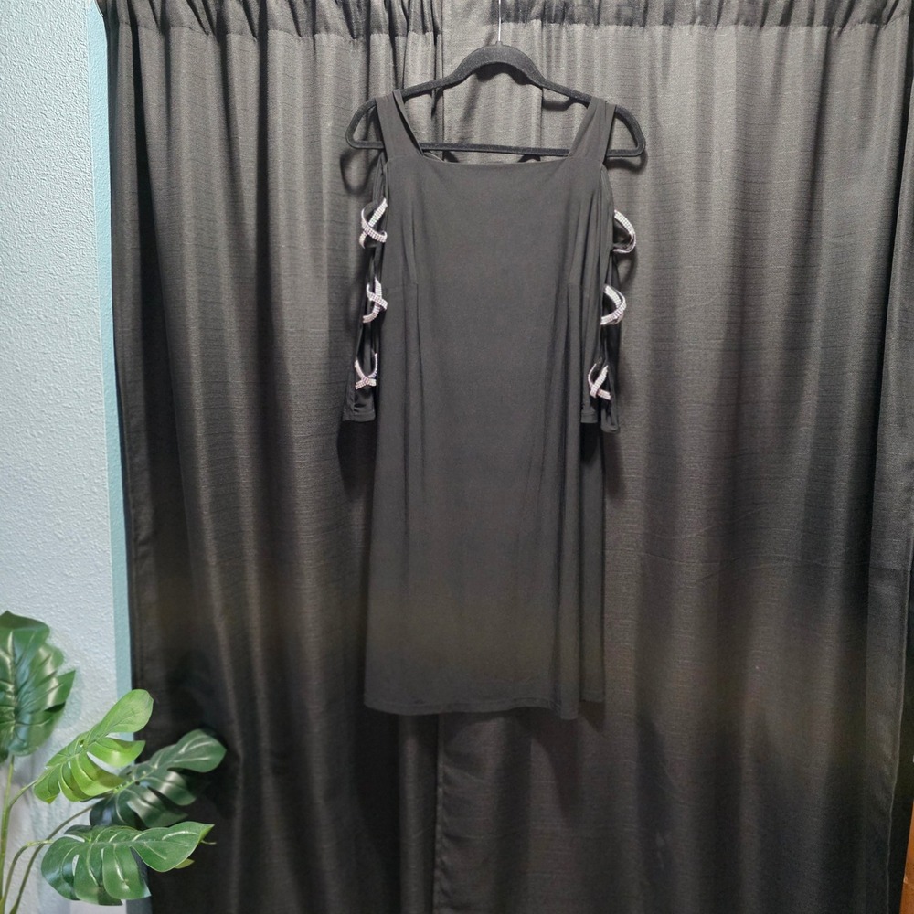 MSK‎ Womens Black Cold Shoulder Rhinestone Lattice Sleeve Jersey Dress Size M